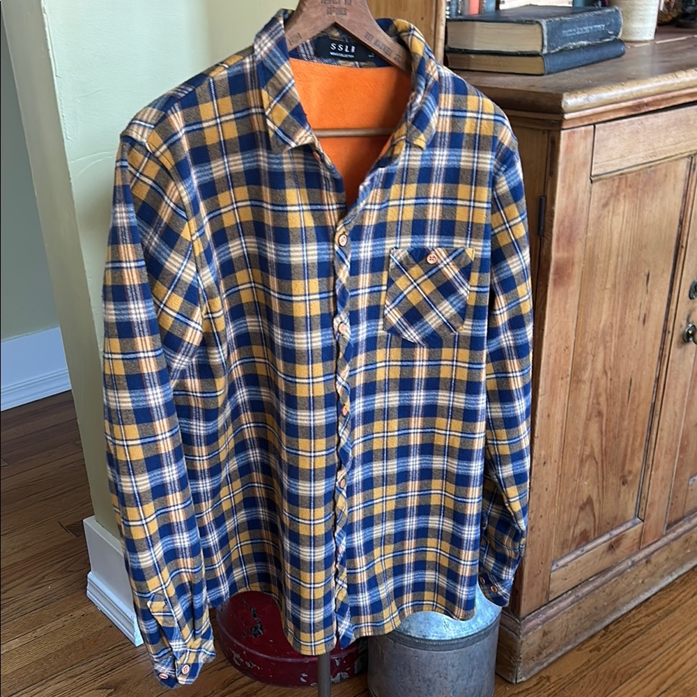 SSLR Men's Blue Yellow Orange Plaid Fleece Lined Button Up Shirt